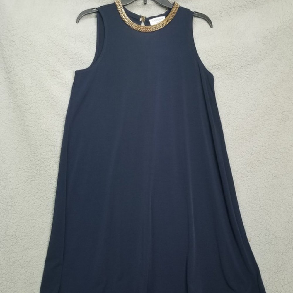 CARMEN MARC VALVO Women's Small Navy Gold Chain Neckline Sleeveless Dress